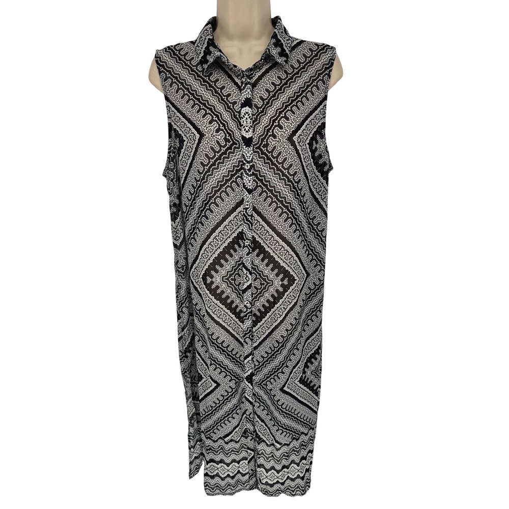 Le Chateau Womens Black White Geometric Diamond Print Sleeveless Tunic Top L NWT